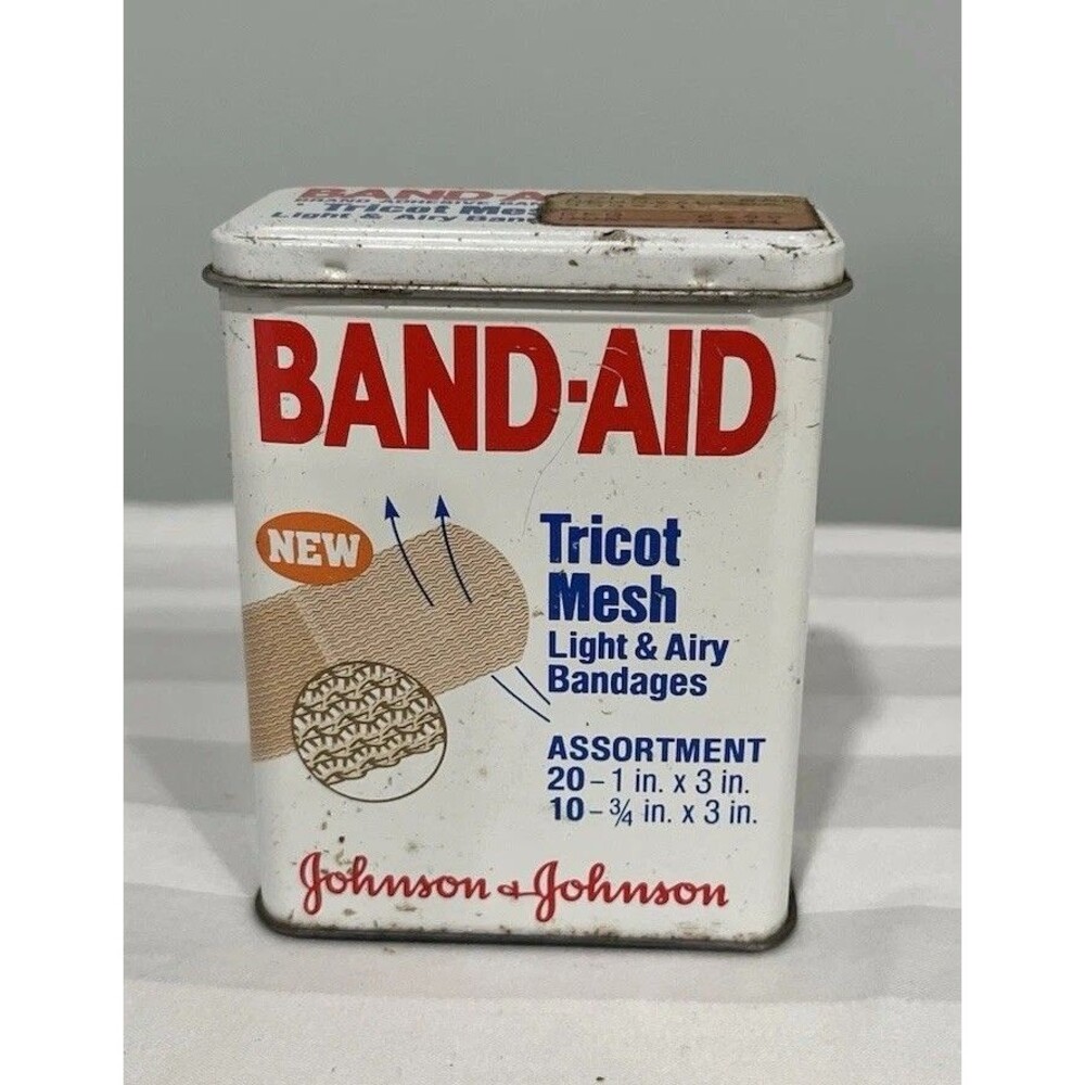 Vintage 1980 Johnson & Johnson BAND-AID Metal Tin - Tricot Mesh - Empty - USA